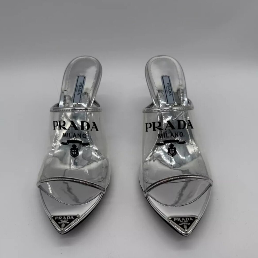 PRADA Signature Triangle Logo PVC Patent Mule